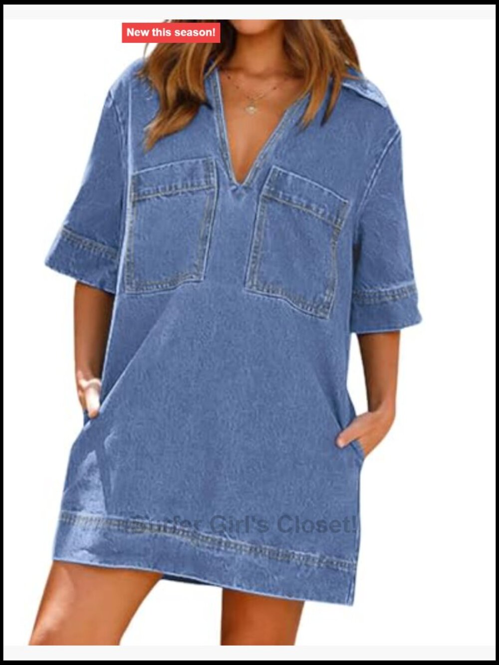 Casual Jean Dress Short Sleeve V-Neck A-Line Mini Denim Tunic Pullover Summer - Picture 2 of 6